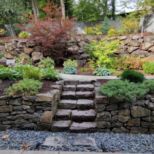 Backyard landscape with retaining walls.